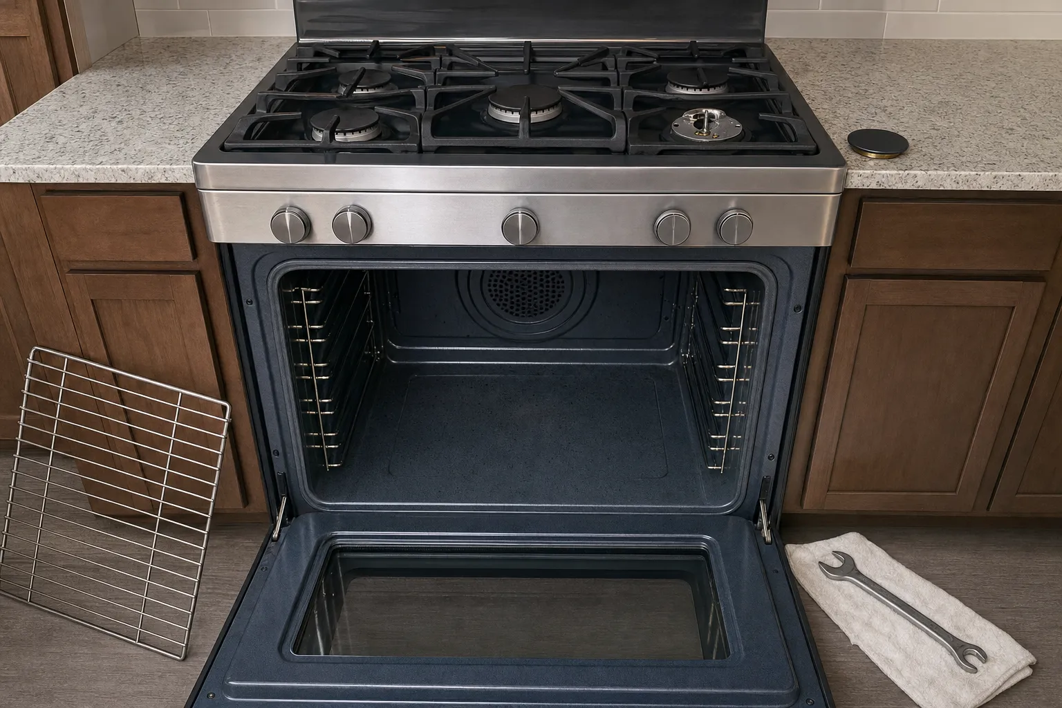 Open oven cavity with the racks taken out and the convection fan cover on the back wall