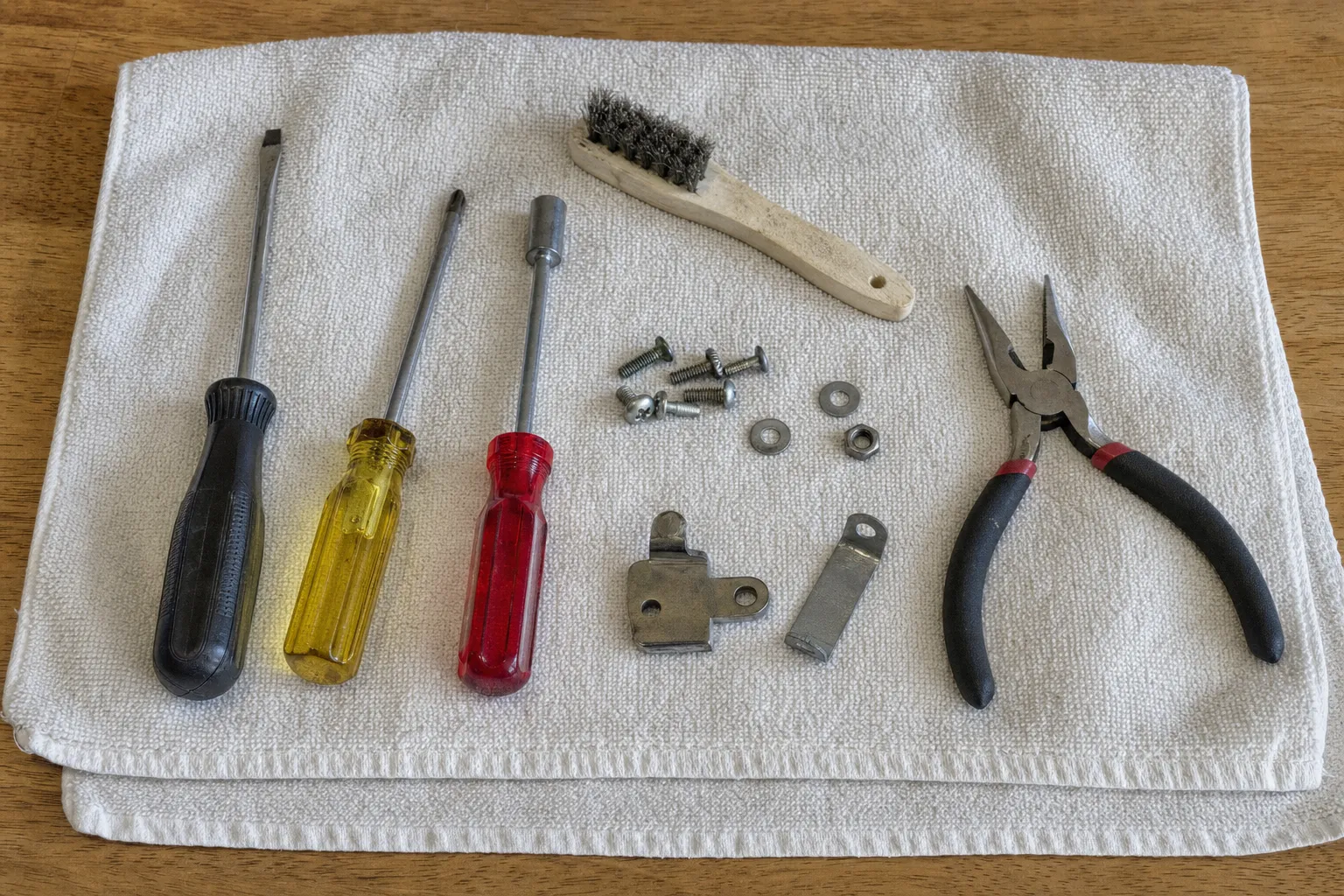 Screwdrivers, needle-nose pliers, a wire brush and small brackets and screws on a cloth