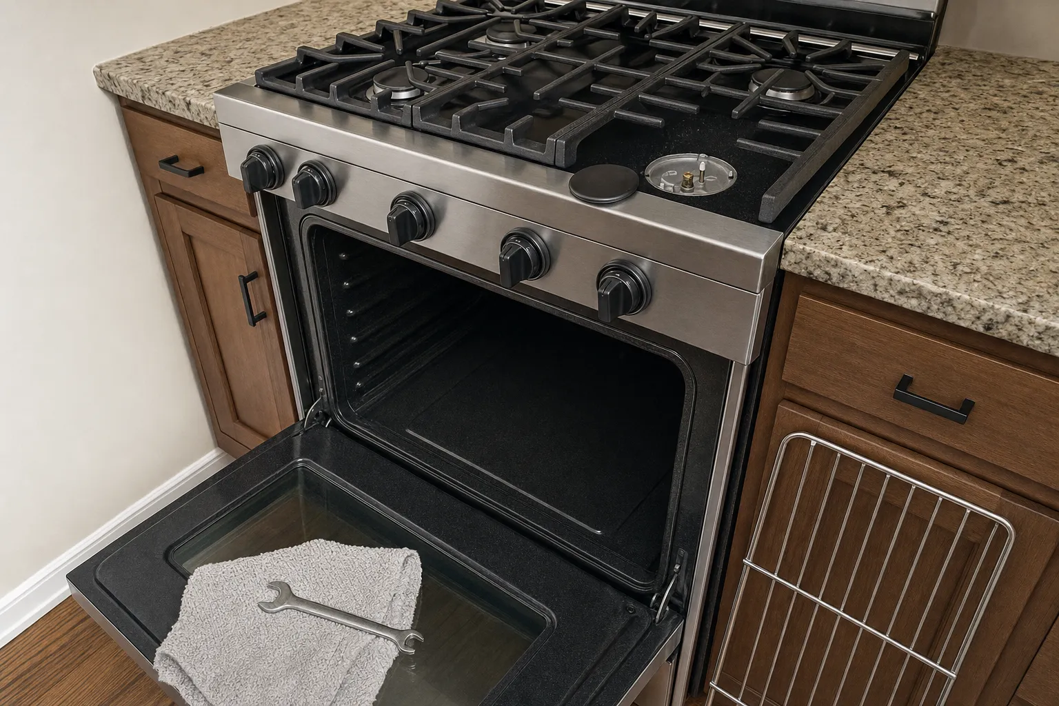 Stainless pro-style gas range with cast grates and sealed burners, oven door open