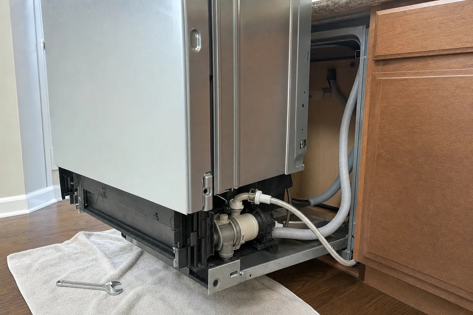 Dishwasher pulled clear of the cabinet with its drain hose, inlet valve and pump exposed