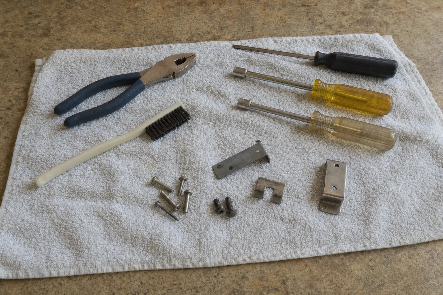 Lineman’s pliers, a white-handled brush, a screwdriver and two nut drivers with two brackets, a U-shaped clip, rivets and screws on a white towel