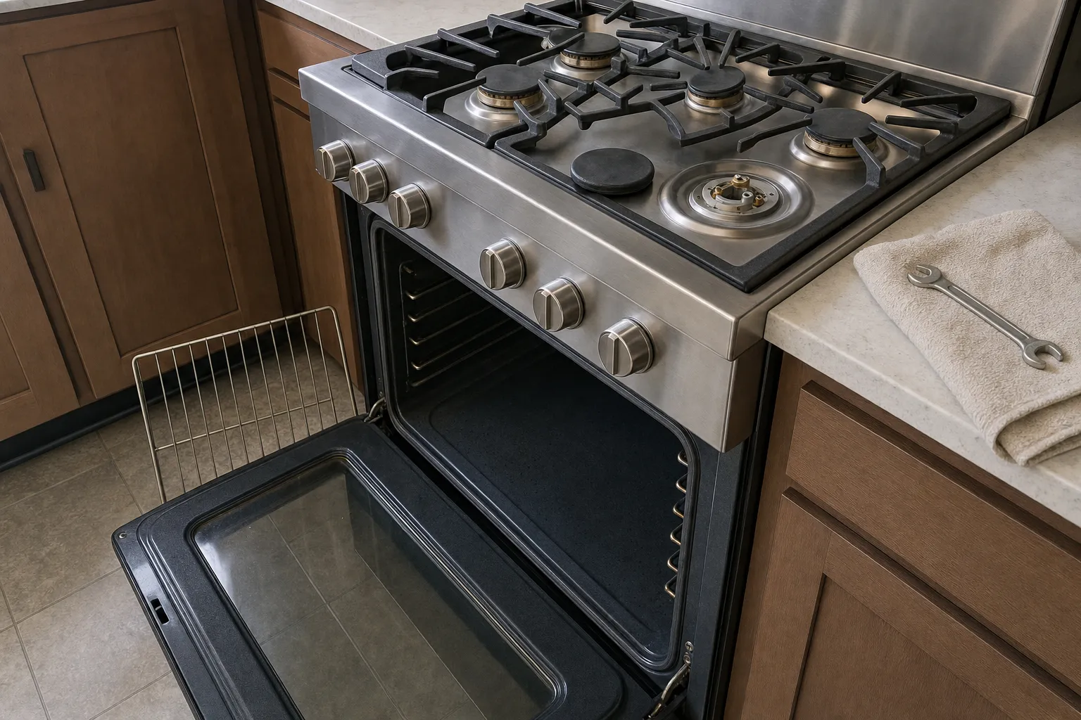 Close view of a gas cooktop with one burner cap set aside and the bare burner base showing, the oven open below and a wrench on a towel on the counter