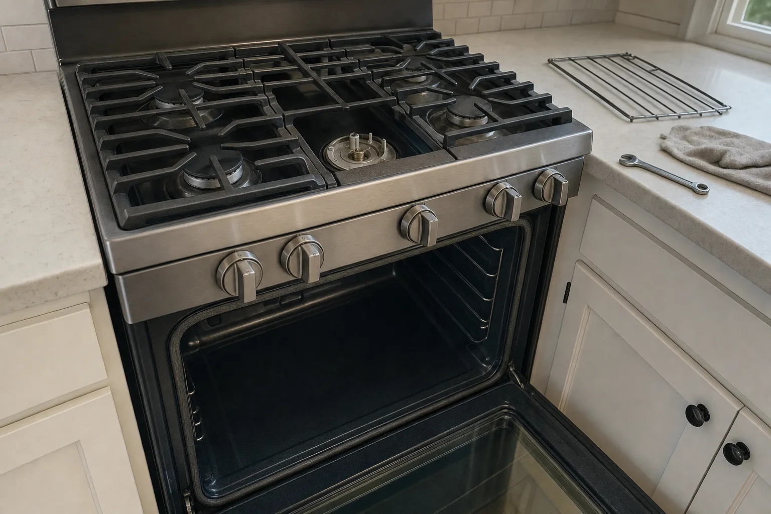 Stainless gas range in white shaker cabinets with one burner cap off, the oven open, and a rack, a wrench and a cloth on the counter