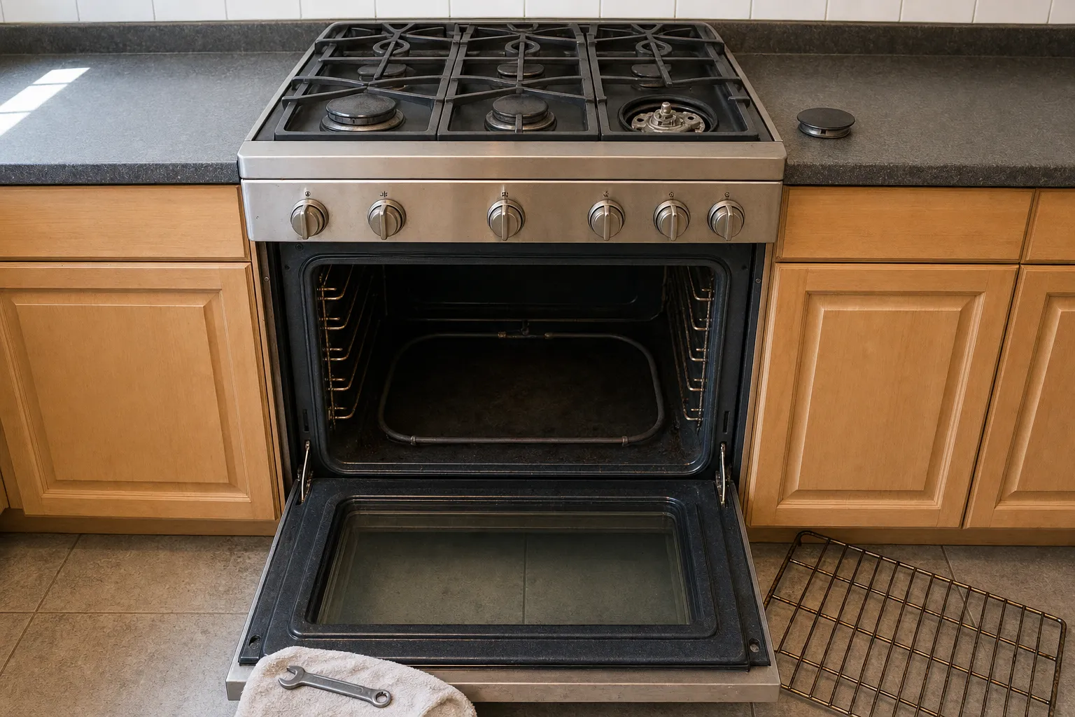 Stainless range between light oak cabinets, the oven open to a looped element across its floor, a rack on the tiles and a wrench on the door