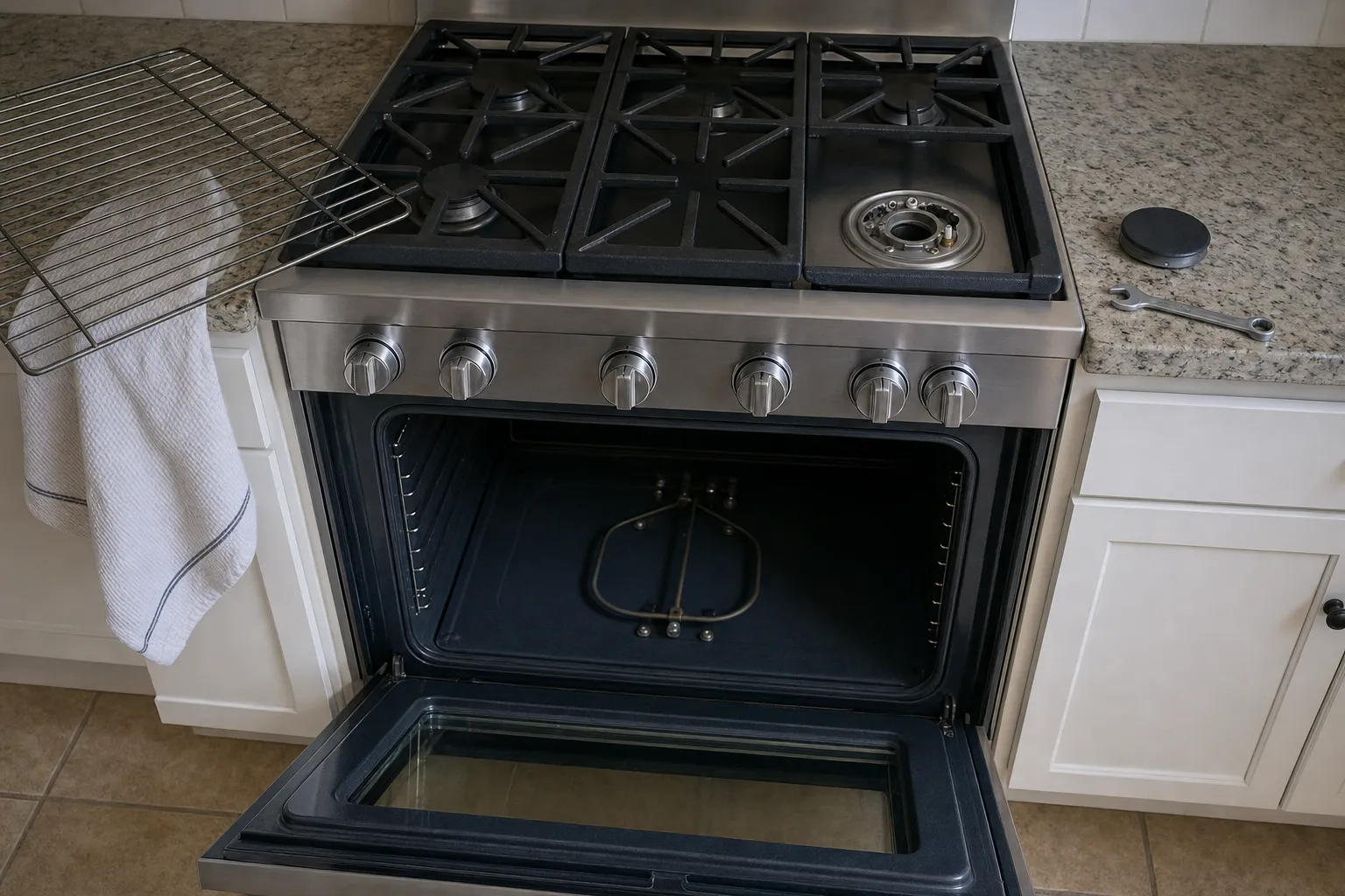 Six-knob gas range with one burner cap set on the counter beside a wrench, a looped element on the oven back wall, and a rack and towel hung over the counter edge